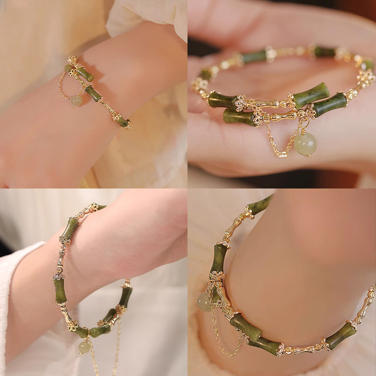 Promosi Ramadhan- Gelang Bambu Giok Hetian Berlapis Emas 18K - Ada kotak perhiasan