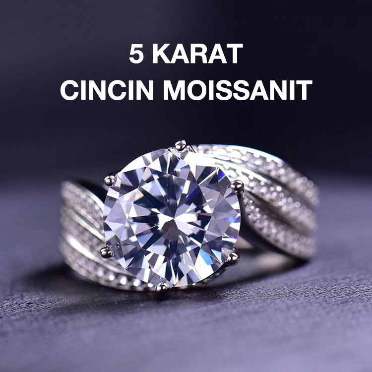 Beli cincin dan dapatkan anting gratis - cincin moissanite super berkilau 5 karat - termasuk kotak hadiah. Bersertifikat GRA. Dikirim dari Jakarta