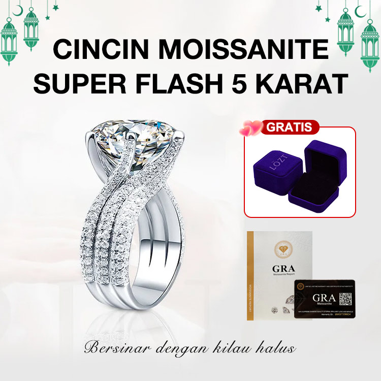Beli cincin dan dapatkan anting gratis - cincin moissanite super berkilau 5 karat - termasuk kotak hadiah. Bersertifikat GRA. Dikirim dari Jakarta